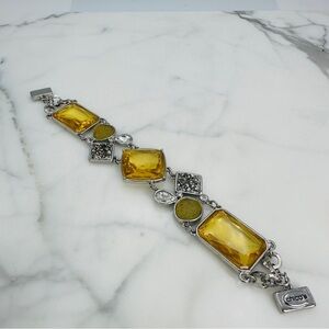 Chico’s Yellow Glass Stone Silver Tone Link Bracelet 7” Statement Jewelry